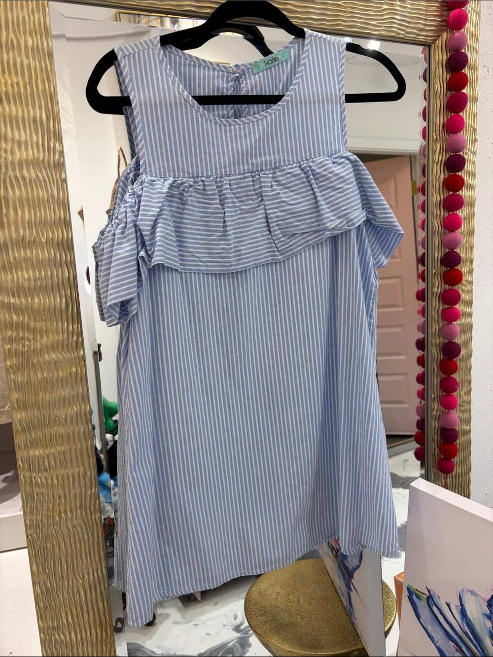 Kori Light Blue & White Striped Ruffle Cold-Shoulder Dress